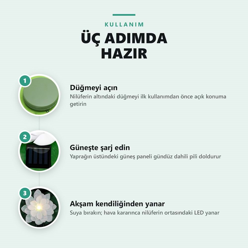 Greentech Güneş Enerjili Yüzen Nilüfer Havuz Lambası, Sıcak Beyaz LED, Süs Havuzu ve Gölet, Beyaz / GT-SL45B