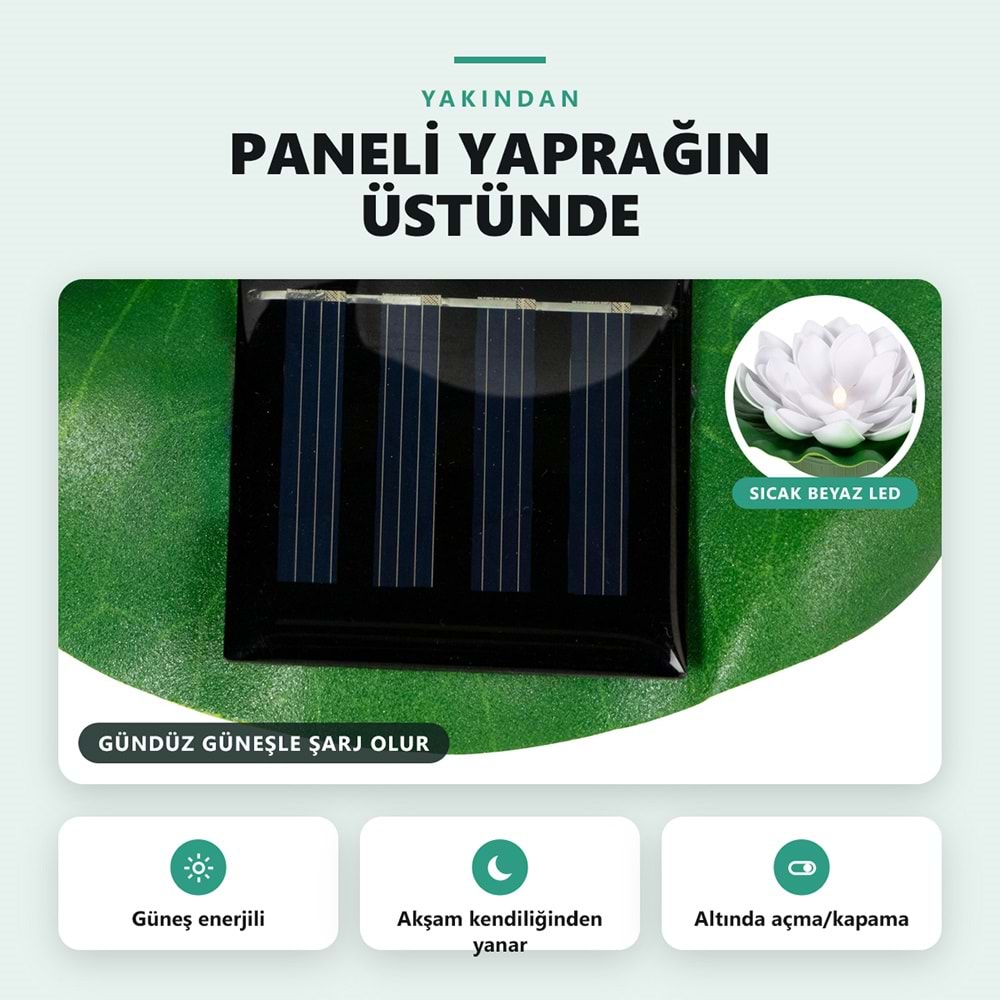 Greentech Güneş Enerjili Yüzen Nilüfer Havuz Lambası, Sıcak Beyaz LED, Süs Havuzu ve Gölet, Beyaz / GT-SL45B
