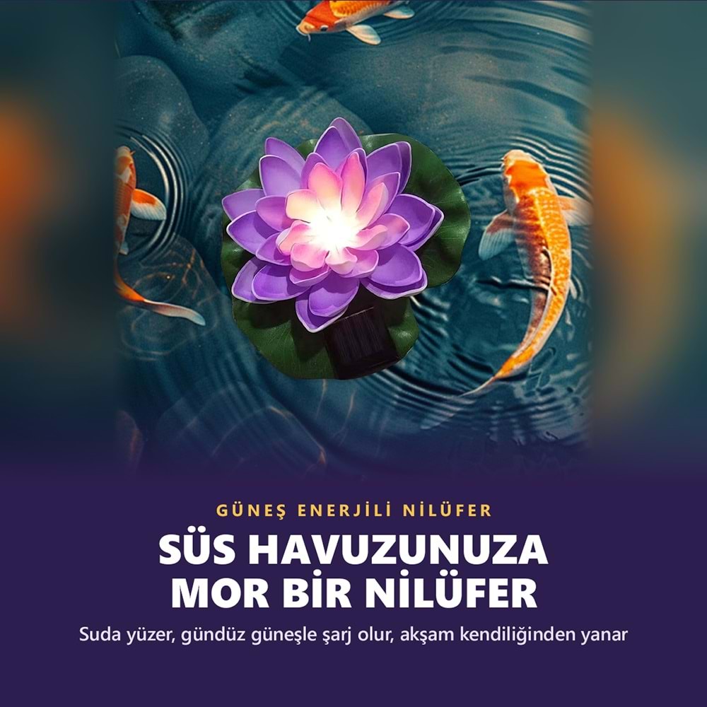 Greentech Güneş Enerjili Yüzen Nilüfer Havuz Lambası, Sıcak Beyaz LED, Süs Havuzu ve Gölet, Mor / GT-SL45M