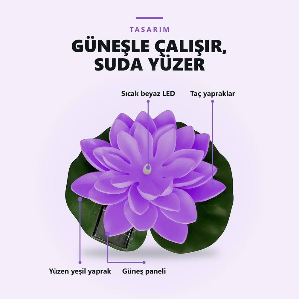 Greentech Güneş Enerjili Yüzen Nilüfer Havuz Lambası, Sıcak Beyaz LED, Süs Havuzu ve Gölet, Mor / GT-SL45M