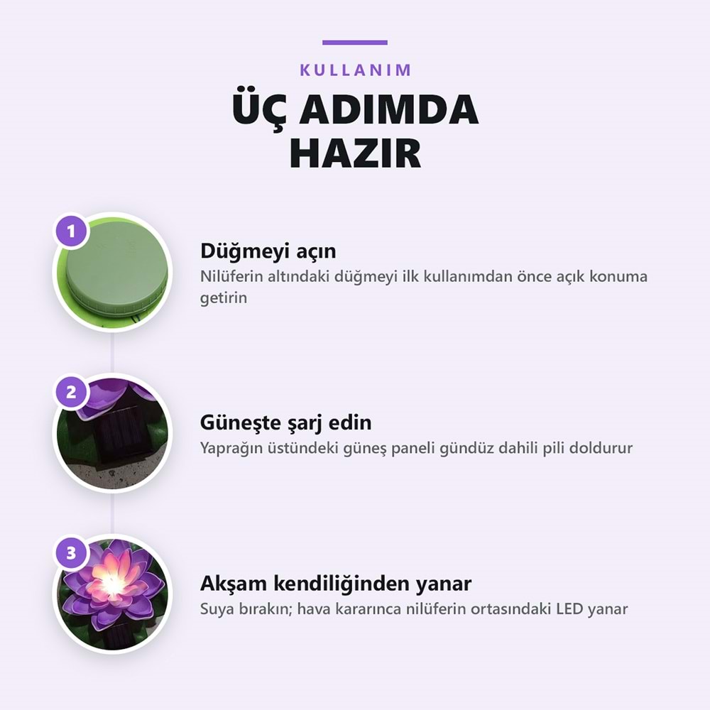 Greentech Güneş Enerjili Yüzen Nilüfer Havuz Lambası, Sıcak Beyaz LED, Süs Havuzu ve Gölet, Mor / GT-SL45M