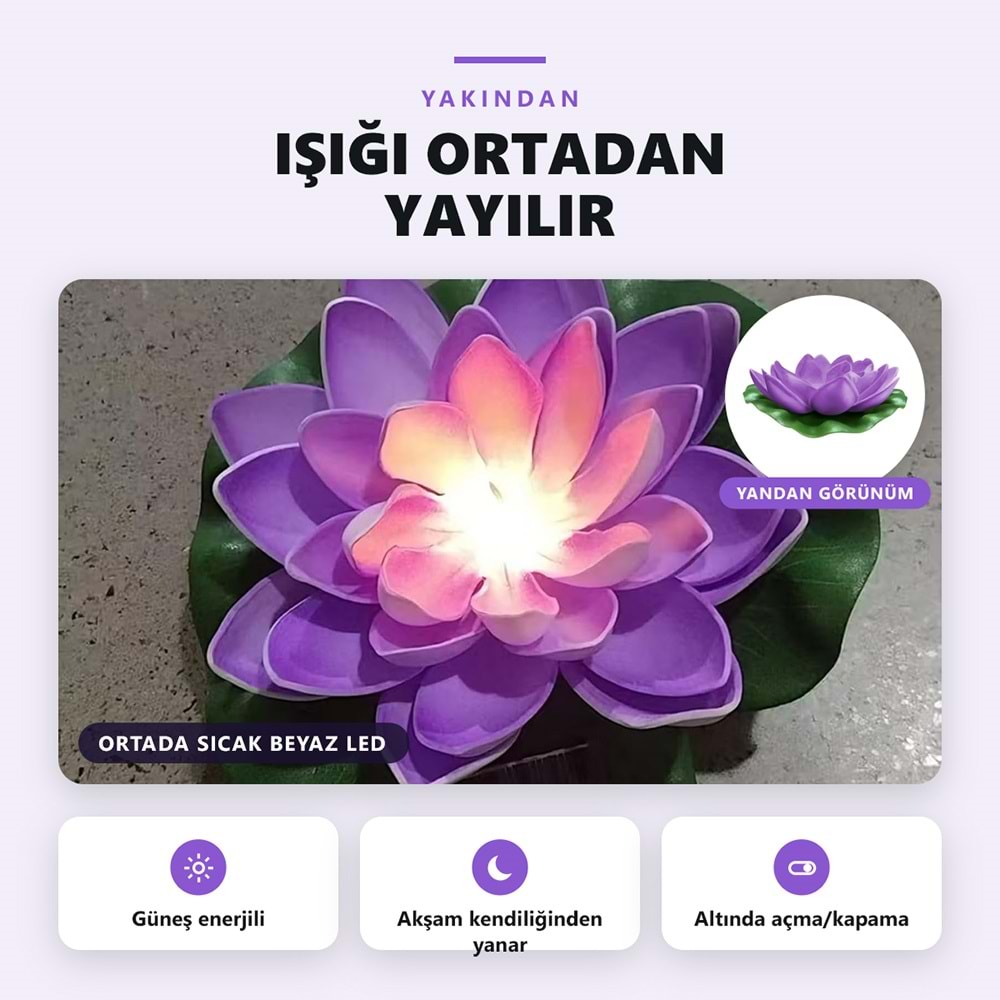 Greentech Güneş Enerjili Yüzen Nilüfer Havuz Lambası, Sıcak Beyaz LED, Süs Havuzu ve Gölet, Mor / GT-SL45M