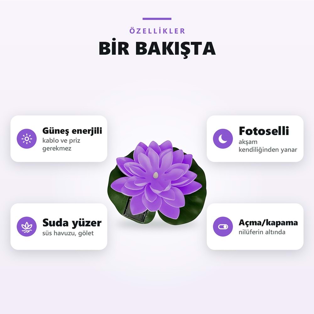 Greentech Güneş Enerjili Yüzen Nilüfer Havuz Lambası, Sıcak Beyaz LED, Süs Havuzu ve Gölet, Mor / GT-SL45M