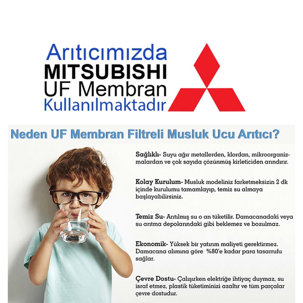 Greentech Water UF Membran Filtreli Musluk Ucu Arıtıcı / 3 Adet UF Membran Filtreli Kartuş / GW-D01P2