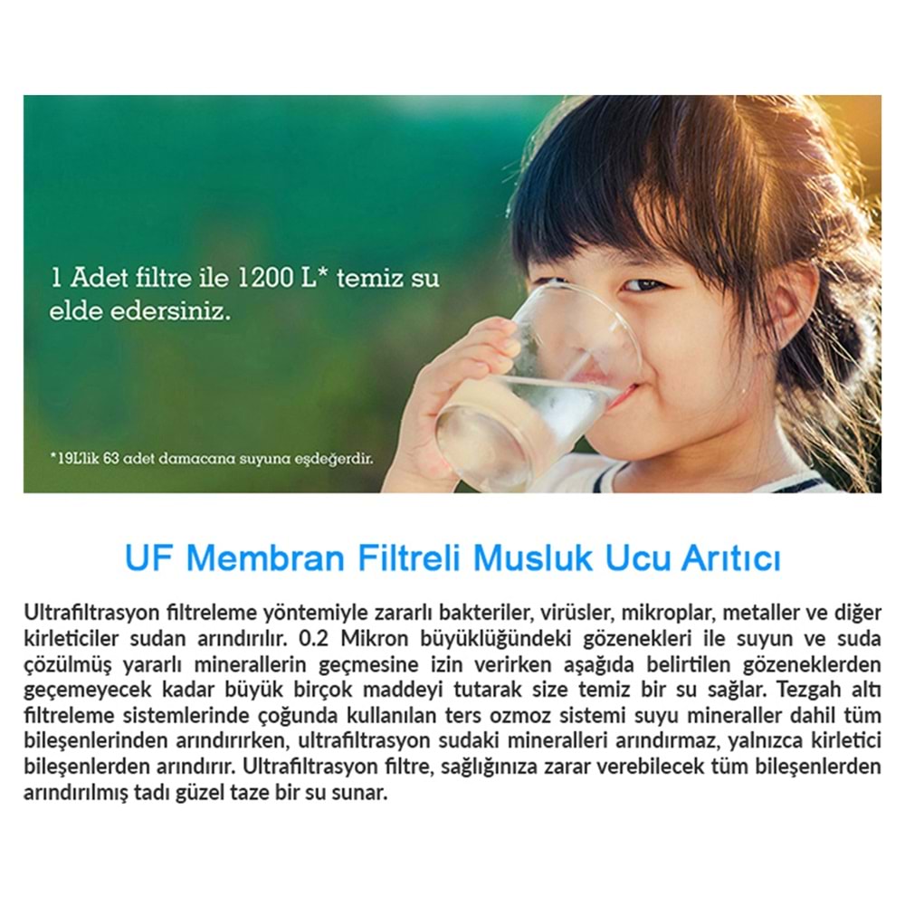 Greentech Water UF Membran Filtreli Musluk Ucu Arıtıcı / 3 Adet UF Membran Filtreli Kartuş / GW-D01P2