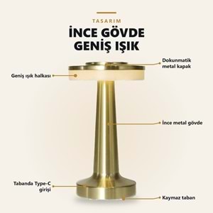 Greentech Şarjlı Dokunmatik Metal Mantar Masa Lambası, 3 Işık Rengi, Kablosuz, Type-C Şarjlı, Altın / GT-CL19