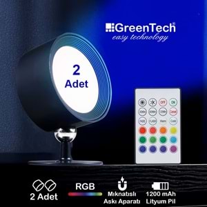 Greentech 14 Renk Dokunmatik 360° Dönebilen Magnetli Şarjlı Led Aplik - 2 Adet / GT-CL21