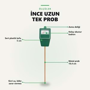 Greentech Toprak Nem Ölçer, Pilsiz Analog Bitki ve Saksı Nem Ölçüm Cihazı, 19,4 cm Metal Prob / GT-MM01