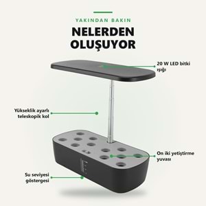 Greentech Hidroponik Topraksız Yetiştirme Seti, 12 Yuvalı, 20 W LED Işıklı, Otomatik Pompalı / GT-PG11S
