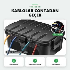 Greentech Dış Mekan Su Geçirmez Priz ve Kablo Bağlantı Kutusu, IP54, 6 Girişli, 32x22x13 cm, Siyah / GT-PK11