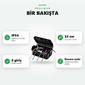 Greentech Dış Mekan Su Geçirmez Priz ve Kablo Bağlantı Kutusu, IP54, 6 Girişli, 32x22x13 cm, Siyah / GT-PK11