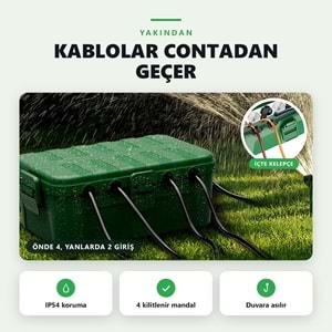 Greentech Dış Mekan Su Geçirmez Priz ve Kablo Bağlantı Kutusu, IP54, 6 Girişli, 32x22x13 cm, Yeşil / GT-PK12