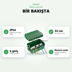 Greentech Dış Mekan Su Geçirmez Priz ve Kablo Bağlantı Kutusu, IP54, 6 Girişli, 32x22x13 cm, Yeşil / GT-PK12