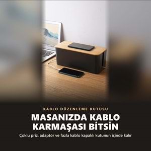 Greentech Bambu Kapaklı Kablo Düzenleyici ve Priz Saklama Kutusu, Siyah, Küçük Boy / GT-PK13
