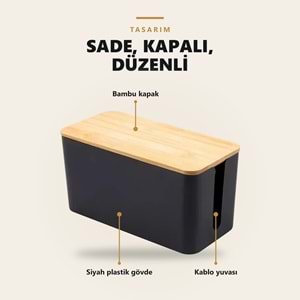 Greentech Bambu Kapaklı Kablo Düzenleyici ve Priz Saklama Kutusu, Siyah, Küçük Boy / GT-PK13