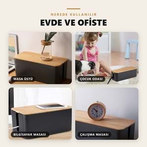 Greentech Bambu Kapaklı Kablo Düzenleyici ve Priz Saklama Kutusu, Siyah, Küçük Boy / GT-PK13