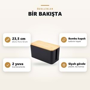 Greentech Bambu Kapaklı Kablo Düzenleyici ve Priz Saklama Kutusu, Siyah, Küçük Boy / GT-PK13
