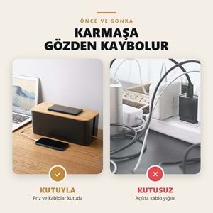 Greentech Bambu Kapaklı Kablo Düzenleyici ve Priz Saklama Kutusu, Siyah, Büyük Boy / GT-PK14