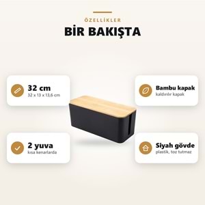 Greentech Bambu Kapaklı Kablo Düzenleyici ve Priz Saklama Kutusu, Siyah, Büyük Boy / GT-PK14