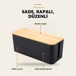 Greentech Bambu Kapaklı Kablo Düzenleyici ve Priz Saklama Kutusu, Siyah, Ekstra Büyük Boy / GT-PK15