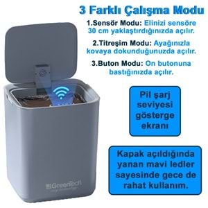 Greentech Sensörlü Şarjlı 22 Litre Çöp Kovası (Şarj Edilebilir Lityum Pilli) / GT-SC05B