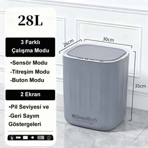 Greentech Sensörlü 28 Litre Çöp Kovası (Şarj Edilebilir Lityum Pilli) / GT-SC07S