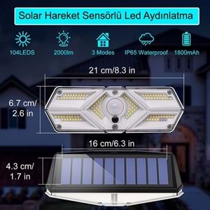 Greentech Güneş Enerjili Hareket Sensörlü, 6 Taraflı 104 Led Aydınlatma / GT-SL13