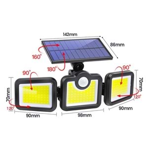 Greentech Güneş Enerjili Hareket Sensörlü, 3 Taraflı 171 Cob Led Aydınlatma / GT-SL15