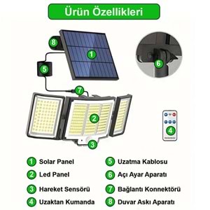 Greentech 348 Ledli, Güneş Enerjili, Hareket Sensörlü, 3 Taraflı Aydınlatma / GT-SL30