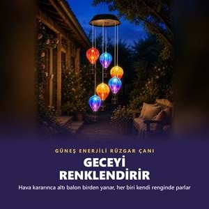 Greentech Güneş Enerjili Sıcak Hava Balonu Rüzgar Çanı, 6 Balonlu, LED Işıklı Asma Bahçe Süsü / GT-SL42