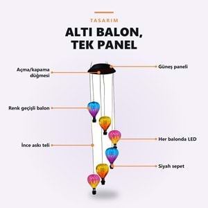Greentech Güneş Enerjili Sıcak Hava Balonu Rüzgar Çanı, 6 Balonlu, LED Işıklı Asma Bahçe Süsü / GT-SL42