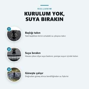 Greentech Güneş Enerjili Yüzen Fıskiye, 32 Renkli LED, 7 Başlıklı Süs Havuzu ve Kuş Banyosu Çeşmesi / GT-SL44