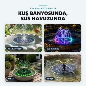 Greentech Güneş Enerjili Yüzen Fıskiye, 32 Renkli LED, 7 Başlıklı Süs Havuzu ve Kuş Banyosu Çeşmesi / GT-SL44