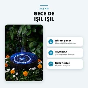 Greentech Güneş Enerjili Yüzen Fıskiye, 32 Renkli LED, 7 Başlıklı Süs Havuzu ve Kuş Banyosu Çeşmesi / GT-SL44