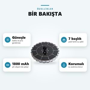Greentech Güneş Enerjili Yüzen Fıskiye, 32 Renkli LED, 7 Başlıklı Süs Havuzu ve Kuş Banyosu Çeşmesi / GT-SL44