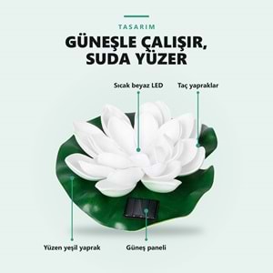 Greentech Güneş Enerjili Yüzen Nilüfer Havuz Lambası, Sıcak Beyaz LED, Süs Havuzu ve Gölet, Beyaz / GT-SL45B