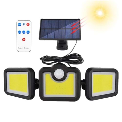 Greentech Güneş Enerjili Hareket Sensörlü, 3 Taraflı 171 Cob Led Aydınlatma / GT-SL15
