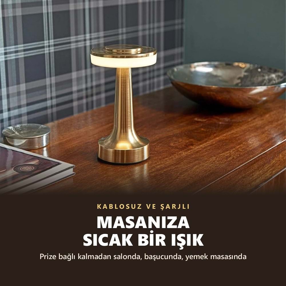 Greentech Şarjlı Dokunmatik Metal Mantar Masa Lambası, 3 Işık Rengi, Kablosuz, Type-C Şarjlı, Altın / GT-CL19