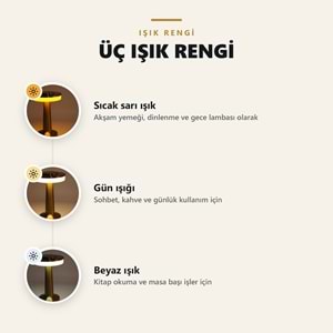 Greentech Şarjlı Dokunmatik Metal Mantar Masa Lambası, 3 Işık Rengi, Kablosuz, Type-C Şarjlı, Altın / GT-CL19