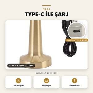 Greentech Şarjlı Dokunmatik Metal Mantar Masa Lambası, 3 Işık Rengi, Kablosuz, Type-C Şarjlı, Altın / GT-CL19