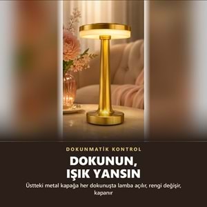 Greentech Şarjlı Dokunmatik Metal Mantar Masa Lambası, 3 Işık Rengi, Kablosuz, Type-C Şarjlı, Altın / GT-CL19