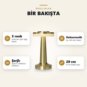 Greentech Şarjlı Dokunmatik Metal Mantar Masa Lambası, 3 Işık Rengi, Kablosuz, Type-C Şarjlı, Altın / GT-CL19