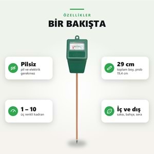Greentech Toprak Nem Ölçer, Pilsiz Analog Bitki ve Saksı Nem Ölçüm Cihazı, 19,4 cm Metal Prob / GT-MM01