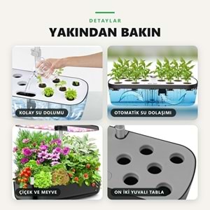 Greentech Hidroponik Topraksız Yetiştirme Seti, 12 Yuvalı, 20 W LED Işıklı, Otomatik Pompalı / GT-PG11S