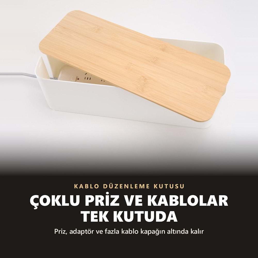 Greentech Bambu Kapaklı Kablo Düzenleyici ve Priz Saklama Kutusu, Beyaz, Ekstra Büyük Boy / GT-PK07
