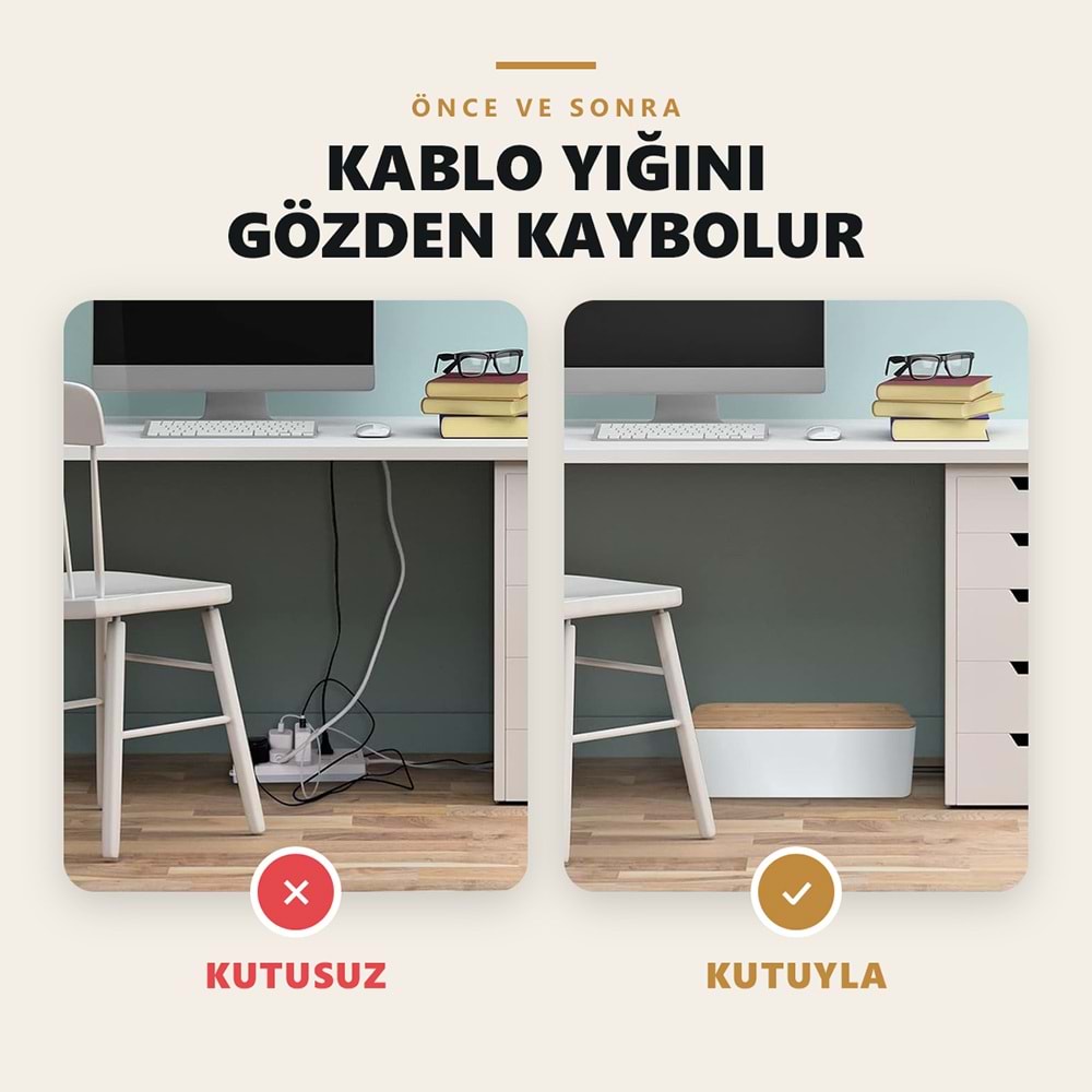 Greentech Bambu Kapaklı Kablo Düzenleyici ve Priz Saklama Kutusu, Beyaz, Ekstra Büyük Boy / GT-PK07