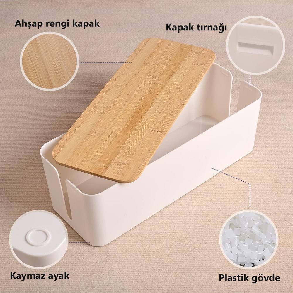 Greentech Bambu Kapaklı Kablo Düzenleyici ve Priz Saklama Kutusu, Beyaz, Ekstra Büyük Boy / GT-PK07