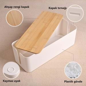 Greentech Bambu Kapaklı Kablo Düzenleyici ve Priz Saklama Kutusu, Beyaz, Ekstra Büyük Boy / GT-PK07