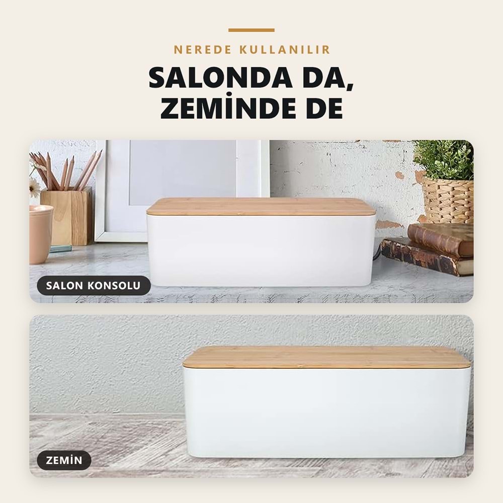 Greentech Bambu Kapaklı Kablo Düzenleyici ve Priz Saklama Kutusu, Beyaz, Ekstra Büyük Boy / GT-PK07