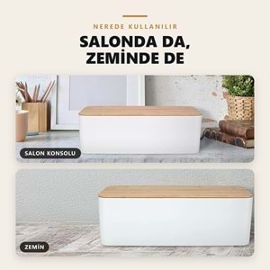 Greentech Bambu Kapaklı Kablo Düzenleyici ve Priz Saklama Kutusu, Beyaz, Ekstra Büyük Boy / GT-PK07